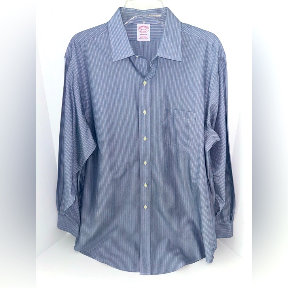 Brooks Brothers “Madison” non iron,‎ blue, pink stripe dress shirt sz 16.5, 34